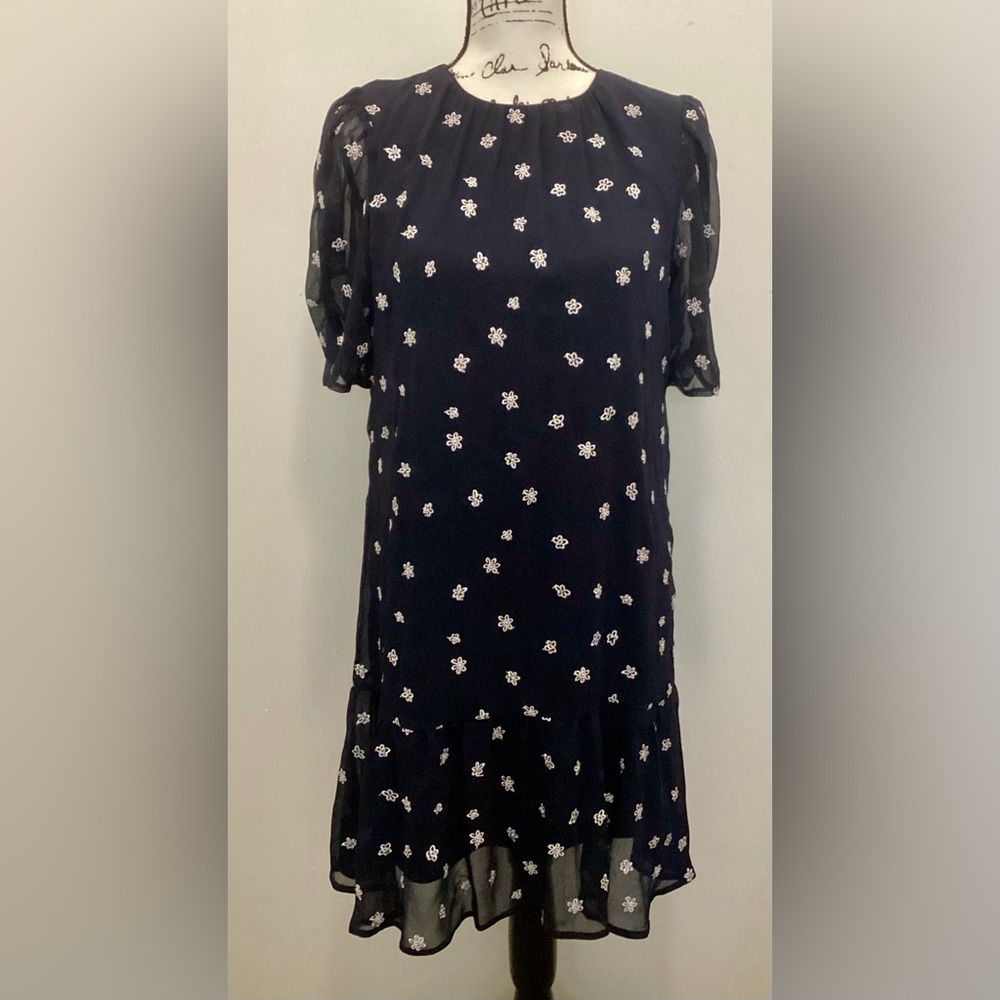 NWT DKNY Embroidered  Chiffon Floral Blue & White Dress Sz 8